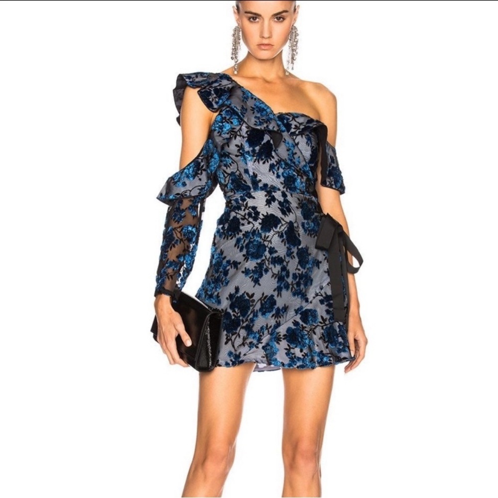 Self-Portrait One Shoulder Velvet Devoré Mini Dress Blue NWT Size 0